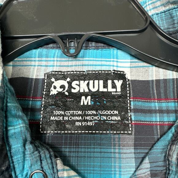 Skully Shirt Mens Medium Snap Up Teal Plaid Western Cowboy‎ Ranch Rodeo - Picture 2 of 10